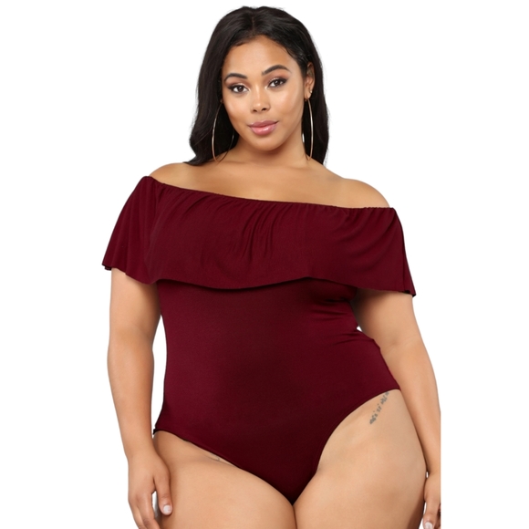 Fashion Nova Tops - Fashion Nova Off the Shoulder Ruffle Plus Size Bodysuit, Burgundy, 3X
